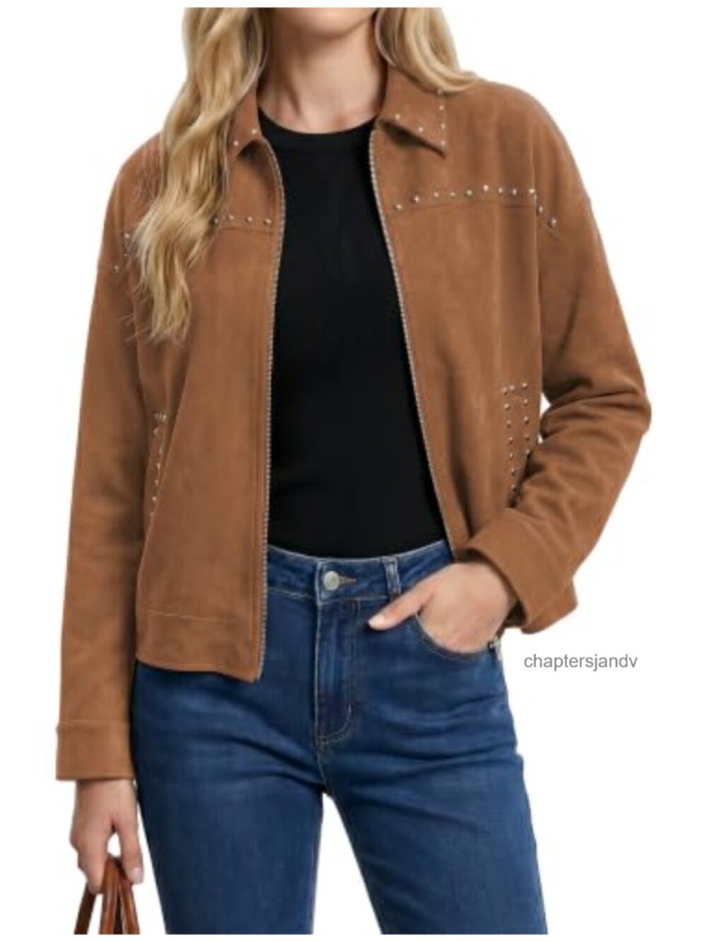 Womens Faux Suede Studded Cropped Bomber Jacket Zip Up Fall